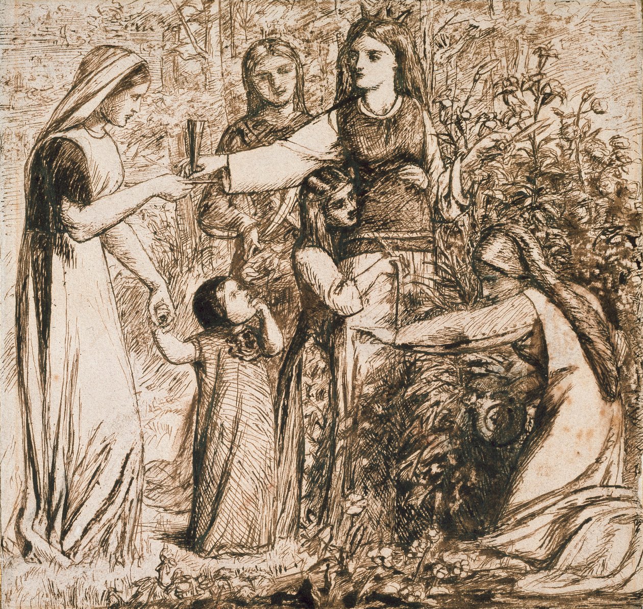Dantes vision om at Matilda samler blomster, c1855 af Dante Gabriel Rossetti