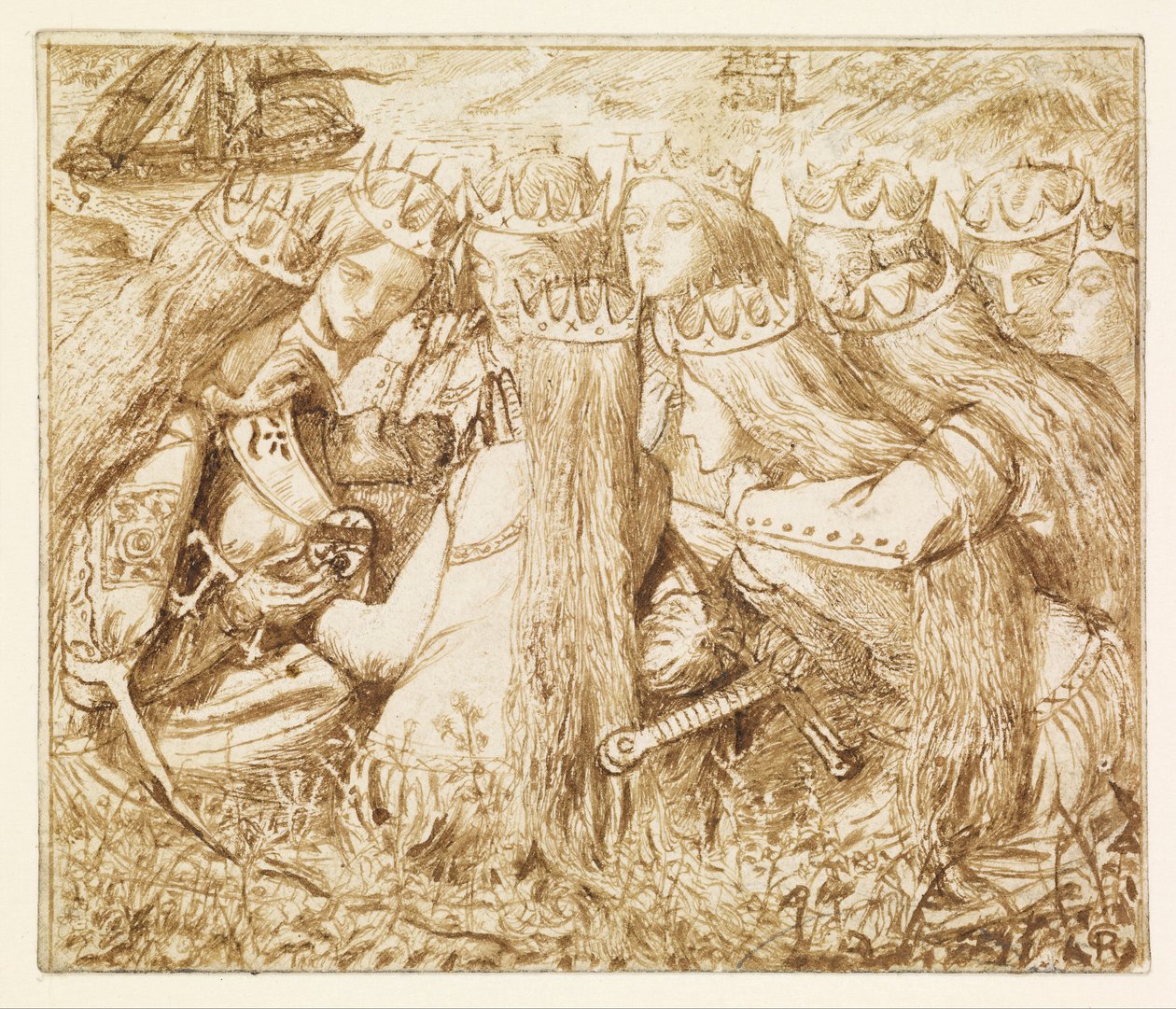 Design til Moxons »Tennyson« – Kong Arthur og de grædende dronninger af Dante Gabriel Rossetti