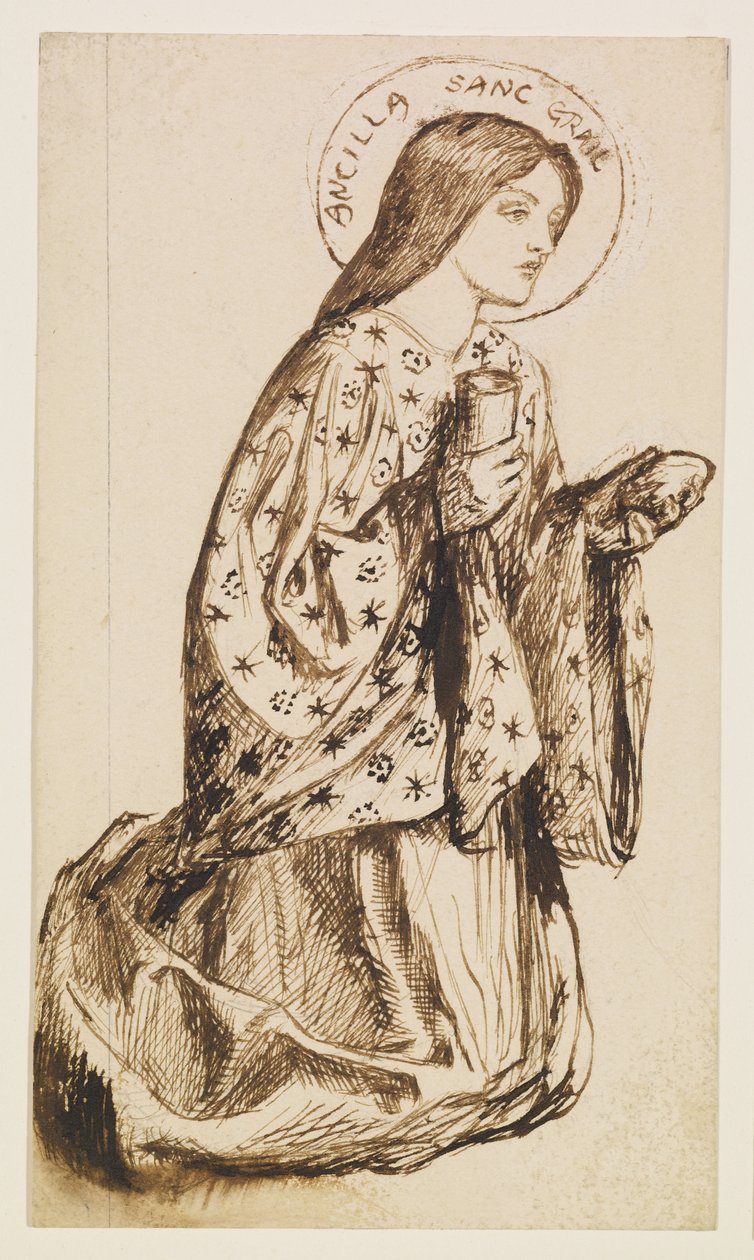 Launcelot ved den hellige grals helligdom - Studie til Den hellige grals engel af Dante Gabriel Rossetti