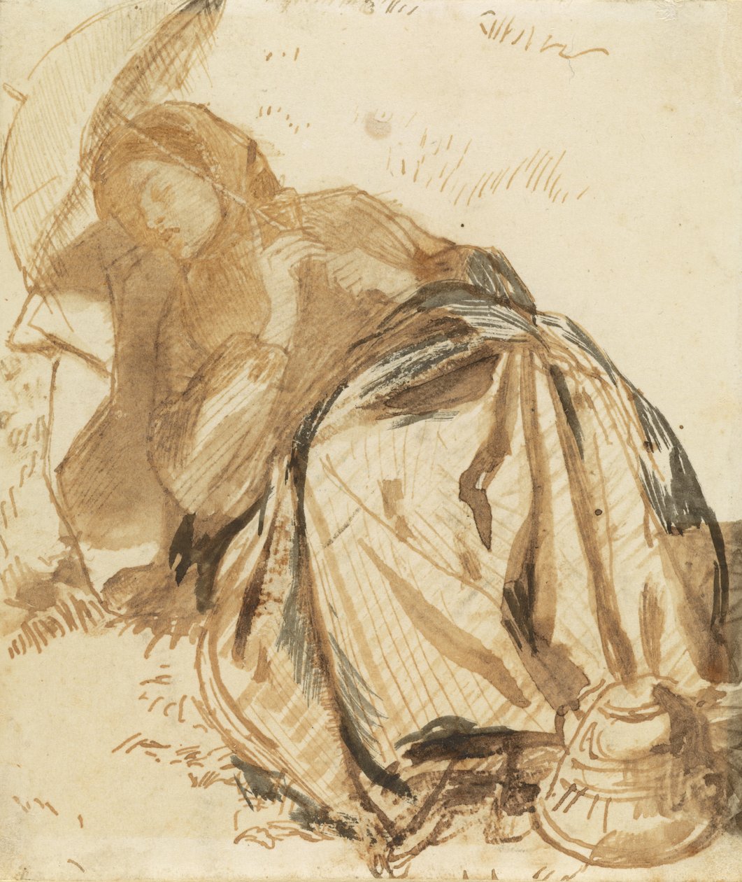 Portræt af Elizabeth Siddal, der hviler og holder en parasol af Dante Gabriel Rossetti