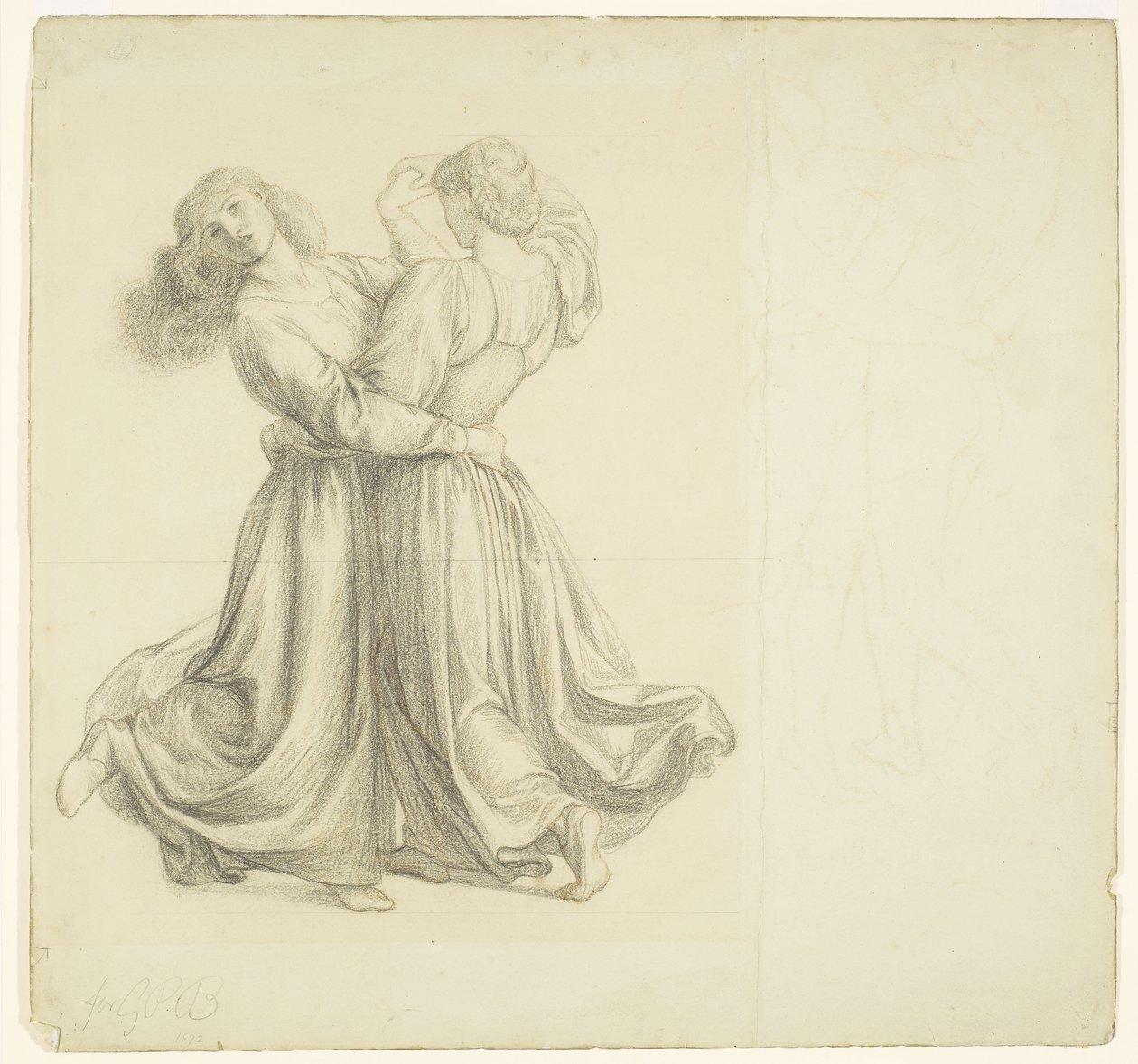 The Bower Meadow - Studie af draperi til de to piger, der danser af Dante Gabriel Rossetti