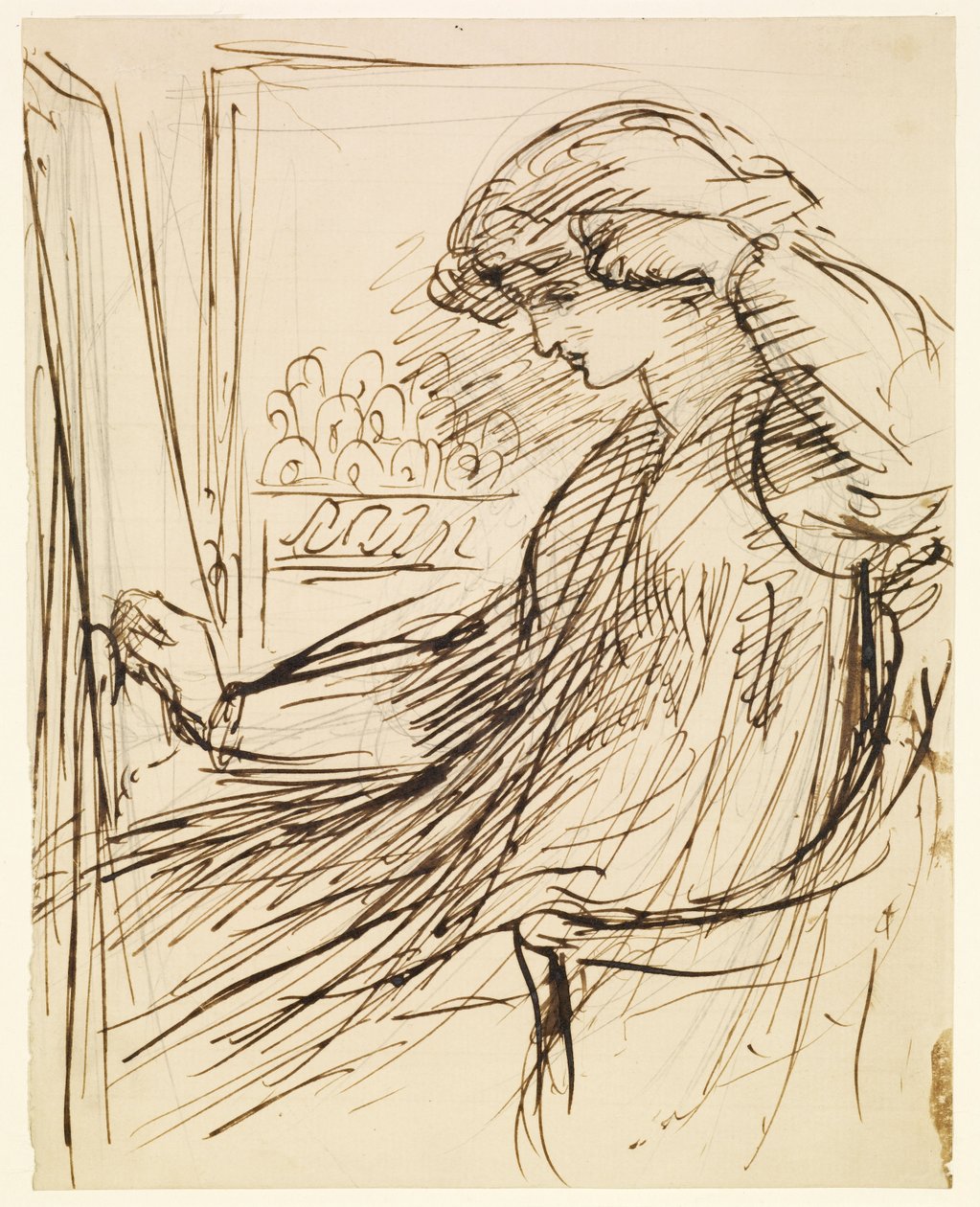 Kvinde sidder ved en broderiramme eller staffeli af Dante Gabriel Rossetti