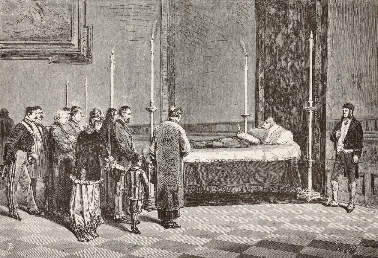 Kardinal Giacomo Antonellis lig liggende i tilstand i et af rummene i Vatikanet, gravering fra en tegning af Dante Paolocci fra L