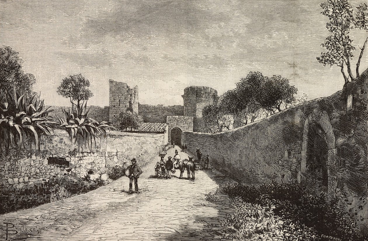 Castello-portti, Corneto Tarquinia, Italia, kaiverrus Dante Paoloccin piirroksesta, L