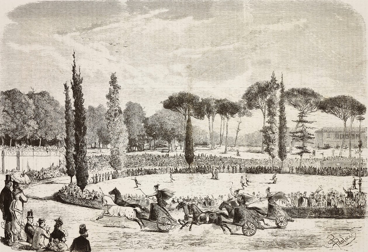 Vogneløb i Villa Borghese, Rom, Italien, gravering fra tegning af Dante Paolocci fra L