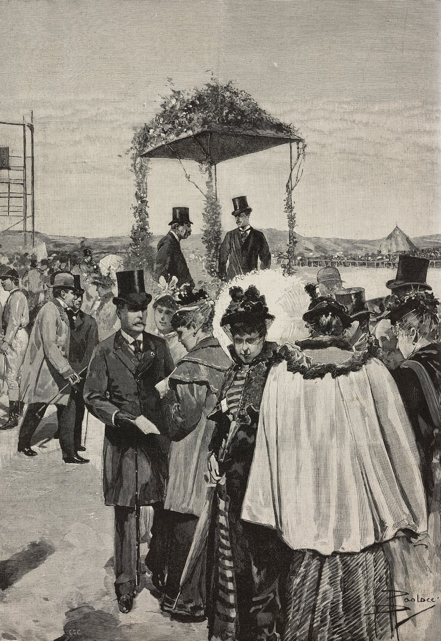 Greve af Torino Vittorio Emanuele af Savoy-Aosta ved Tor di Quinto løb, Rom, Italien, gravering efter tegning af Dante Paolocci, fra L