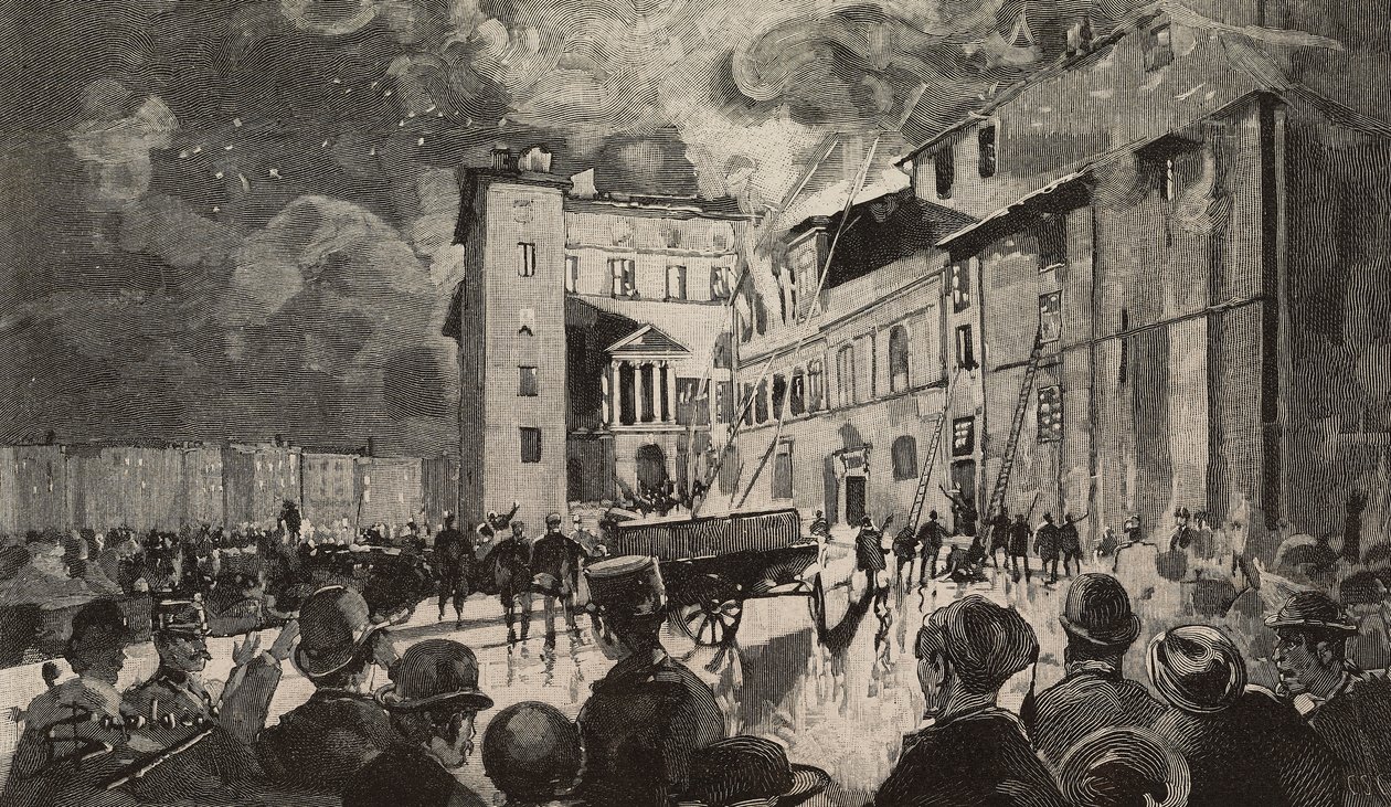 Brand af israelske skoler i 1893, Rom, Italien, gravering efter tegning af Dante Paolocci, fra L