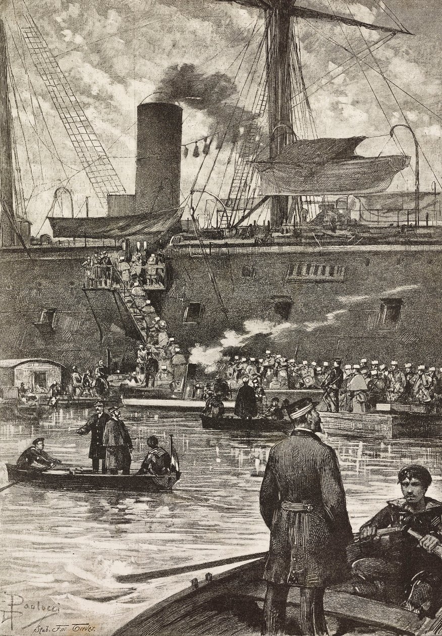 Italienske soldater går ombord på slagskibet Principe Amedeo, italiensk ekspedition i Rødehavet, Napoli, Italien, gravering fra tegning af Dante Paolocci, fra L