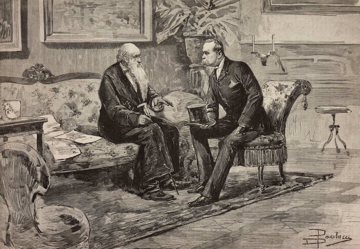 Kong Umberto I af Savoyen (1844-1900) og præsident for råd Agostino de Pretis (1813-1887), gravering fra tegning af Dante Paolocci, fra L