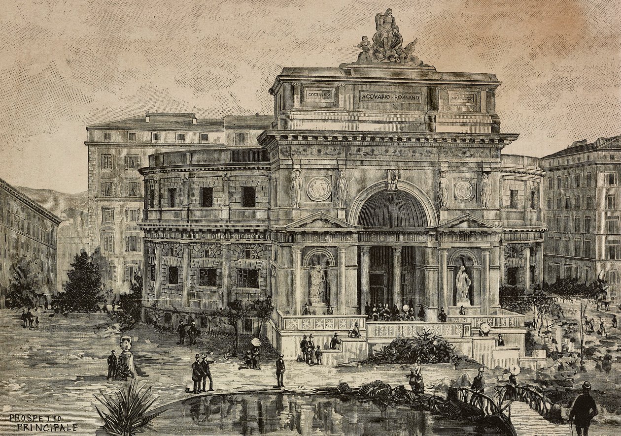Stort akvarium på Piazza Manfredo Fanti åbnede den 29. januar, Rom, Italien, gravering af G Gamberoni fra tegning af Dante Paolocci, fra L