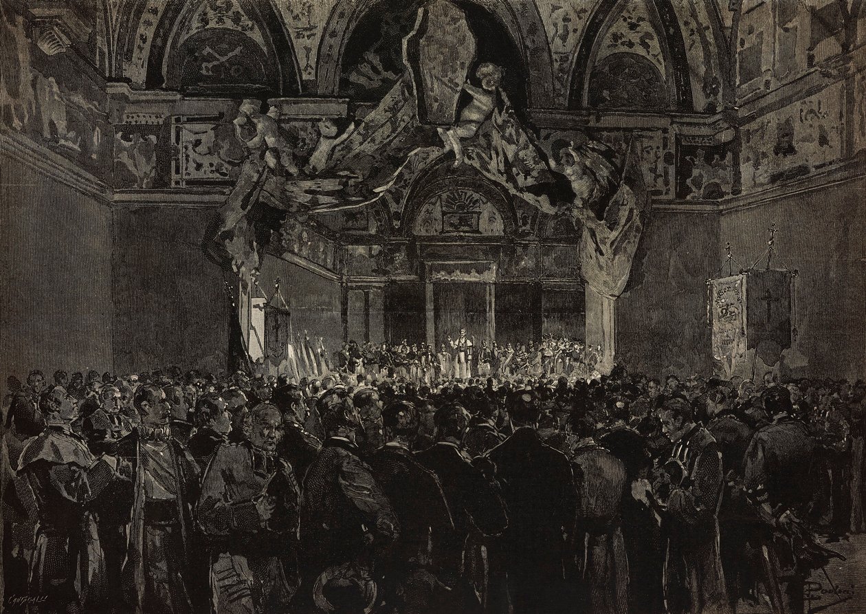 Leo XIII modtager franske pilgrimme i Ducal Hall, Pavelige Jubilee, Vatikanet, gravering fra tegning af Dante Paolocci, fra L