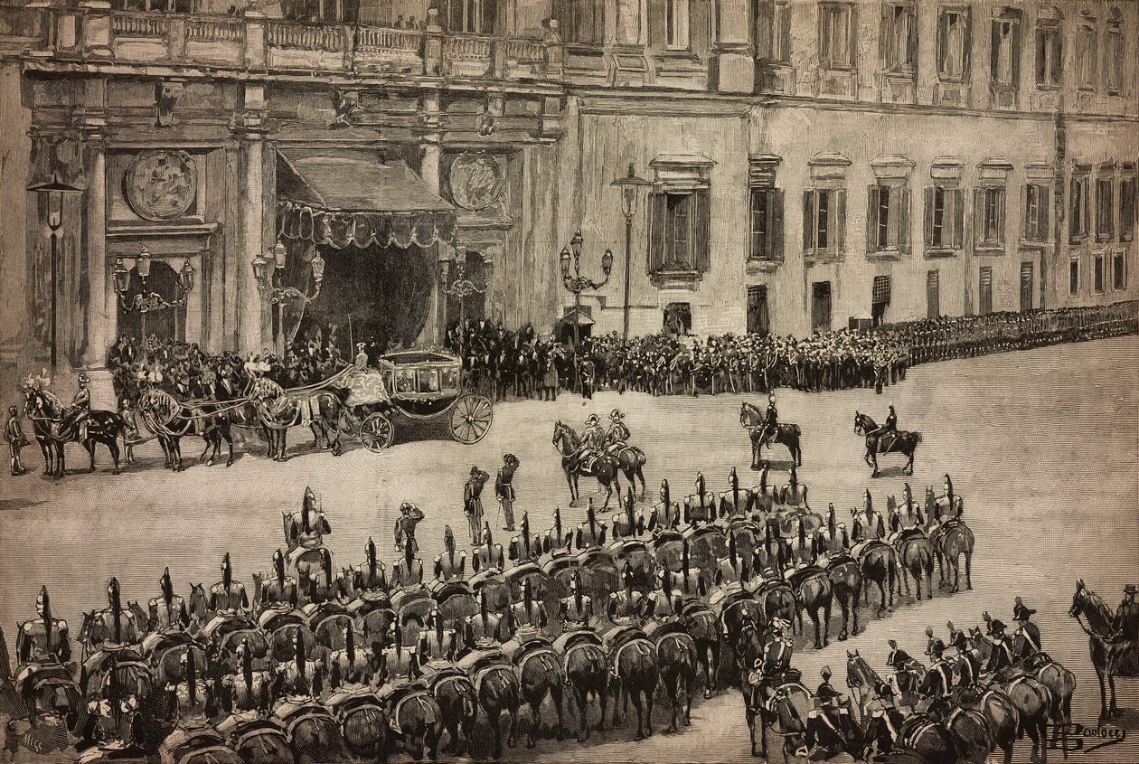 Åbning af Parlamentet, ankomst af kong Umberto I til Montecitorio, Rom, Italien, gravering fra tegning af Dante Paolocci, L