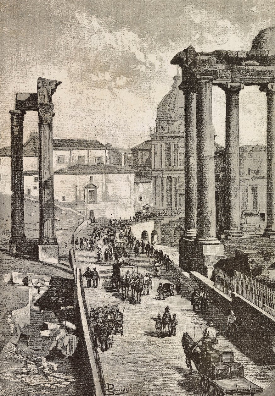 Passage gennem Forum, Rom, Italien, gravering fra tegning af Dante Paolocci, fra L