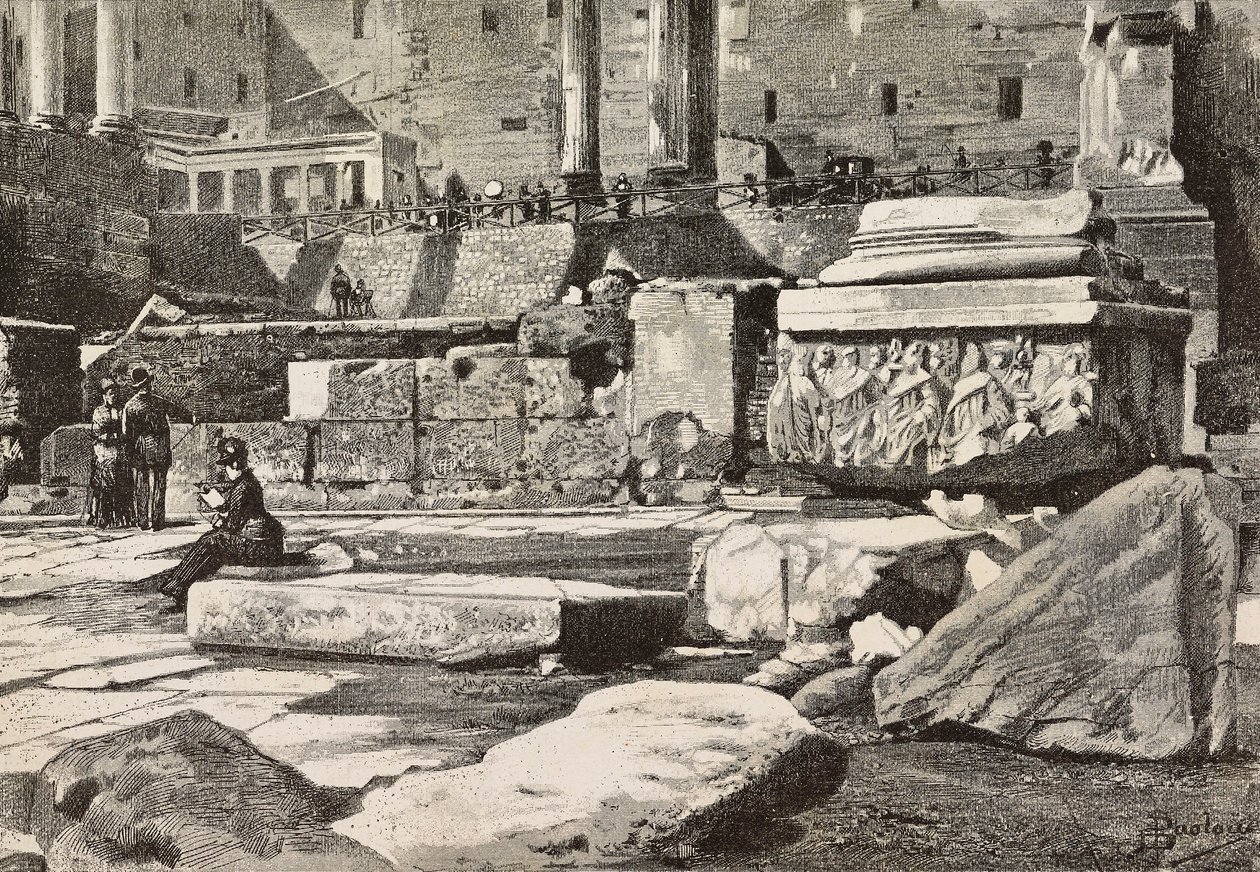 Platforme i Forum Romanum, Rom, Italien, gravering fra tegning af Dante Paolocci, fra L