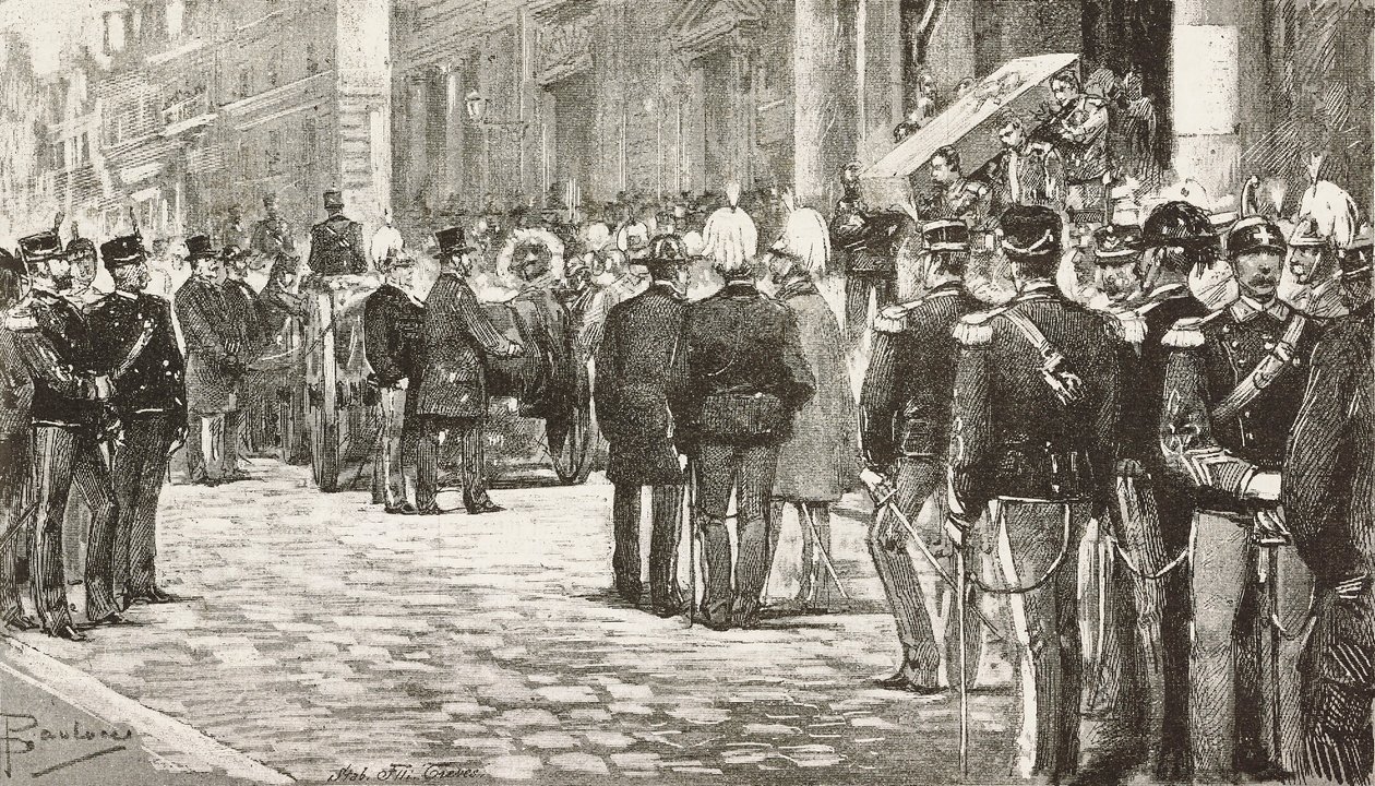 Poliitikot ja upseerit osallistuvat Luigi Mezzacapon (1814-1885), italialaisen poliitikon ja upseerin hautajaisiin, Rooma, Italia, kaiverrus Dante Paoloccin piirroksesta, L