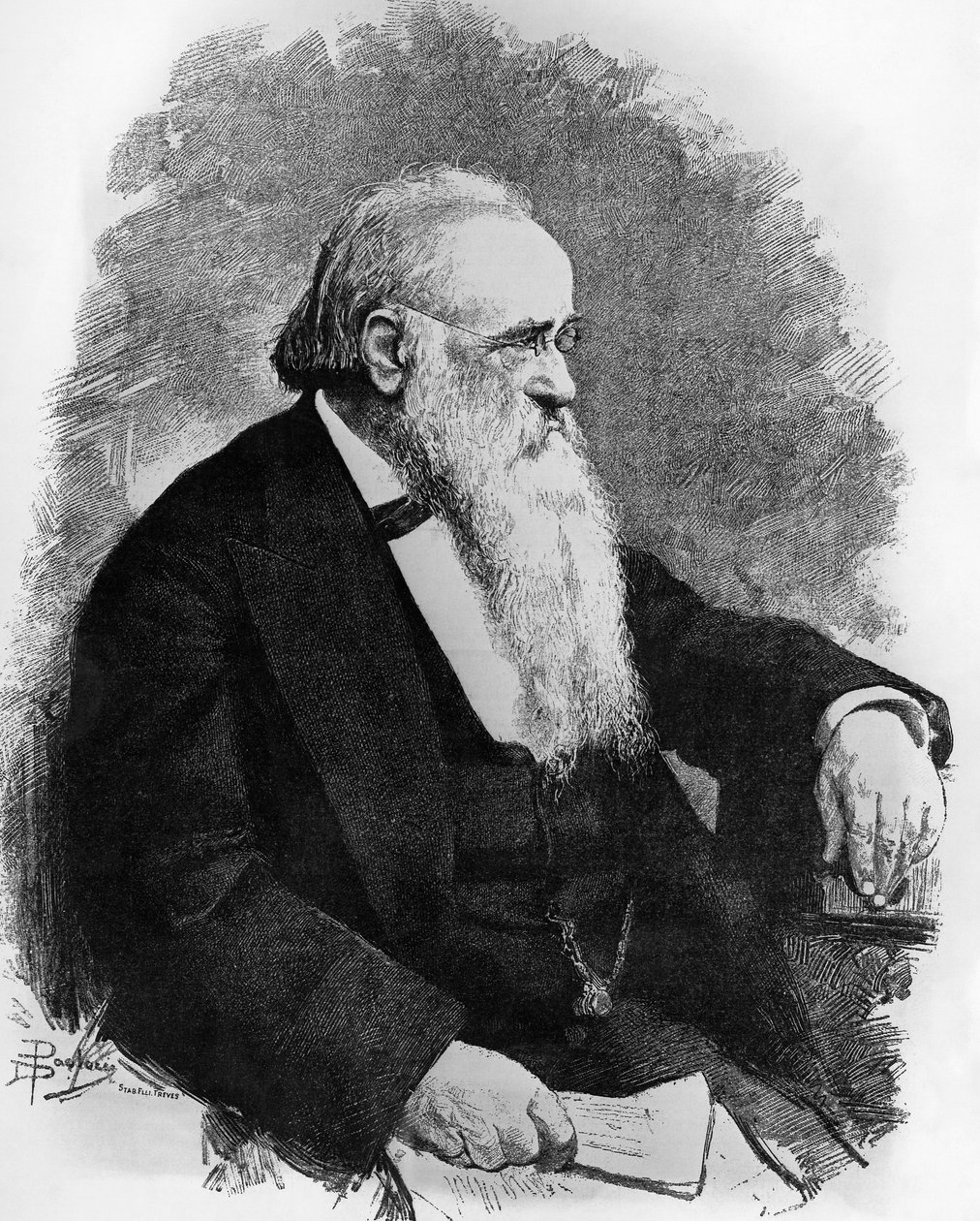 Portræt af Agostino Depretis (1813-1887), italiensk statsmand, tegning af Dante Paolocci (1856-1926), gravering fra L