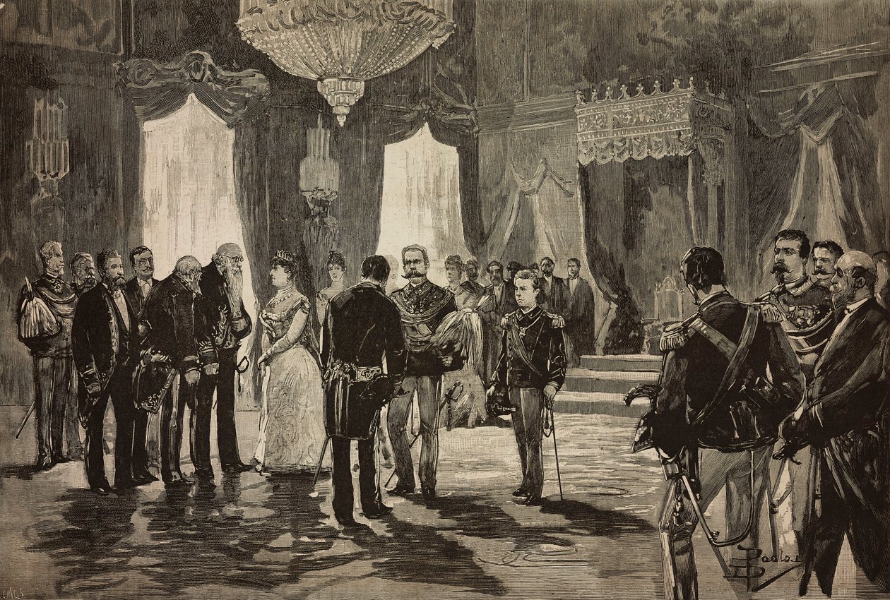Prins af Napoli, Alfonso Maria Giuseppe Alberto af Bourbon-Two Sicilies i underløjtnantuniform, ved nytårsreceptionen i Quirinal, Italien, gravering fra tegning af Dante Paolocci, fra L