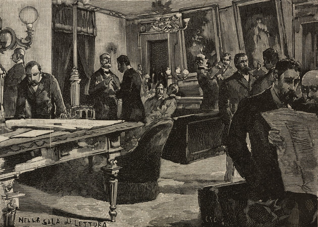 Læsesal i Palazzo Montecitorio, Rom, Italien, gravering efter tegning af Dante Paolocci, fra L