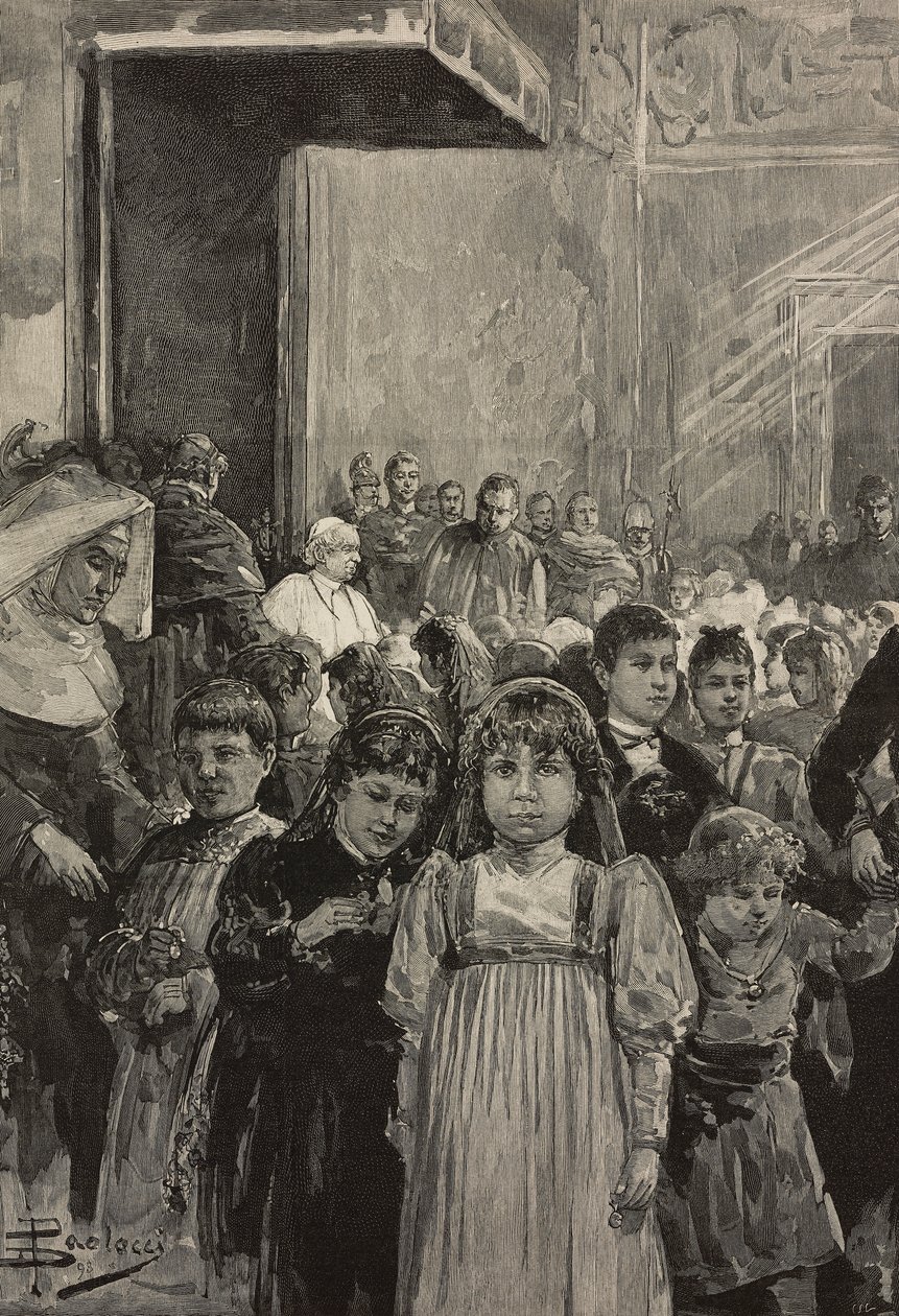 Modtagelse af børn ved jubilæumsfejringer af pave Leo XIII, Vatikanet, gravering efter tegning af Dante Paolocci, fra L
