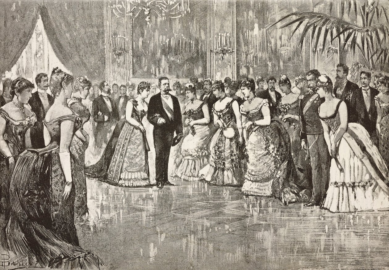 Umberto I (1844-1900), konge af Italien, og hans kone Margherita af Savoyen (1851-1926) ved bal i Quirinal Palace, Rom, Italien, gravering fra tegning af Dante Paolocci, fra L