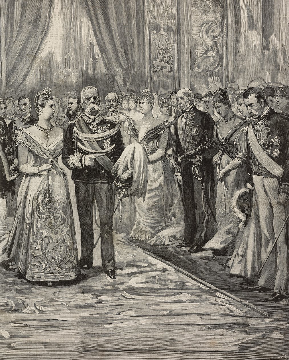 Umberto I og Margherita af Savoyen til koncert i anledning af deres sølvbryllup, Palazzo del Quirinale, Rom, Italien, gravering efter tegning af Dante Paolocci, fra L