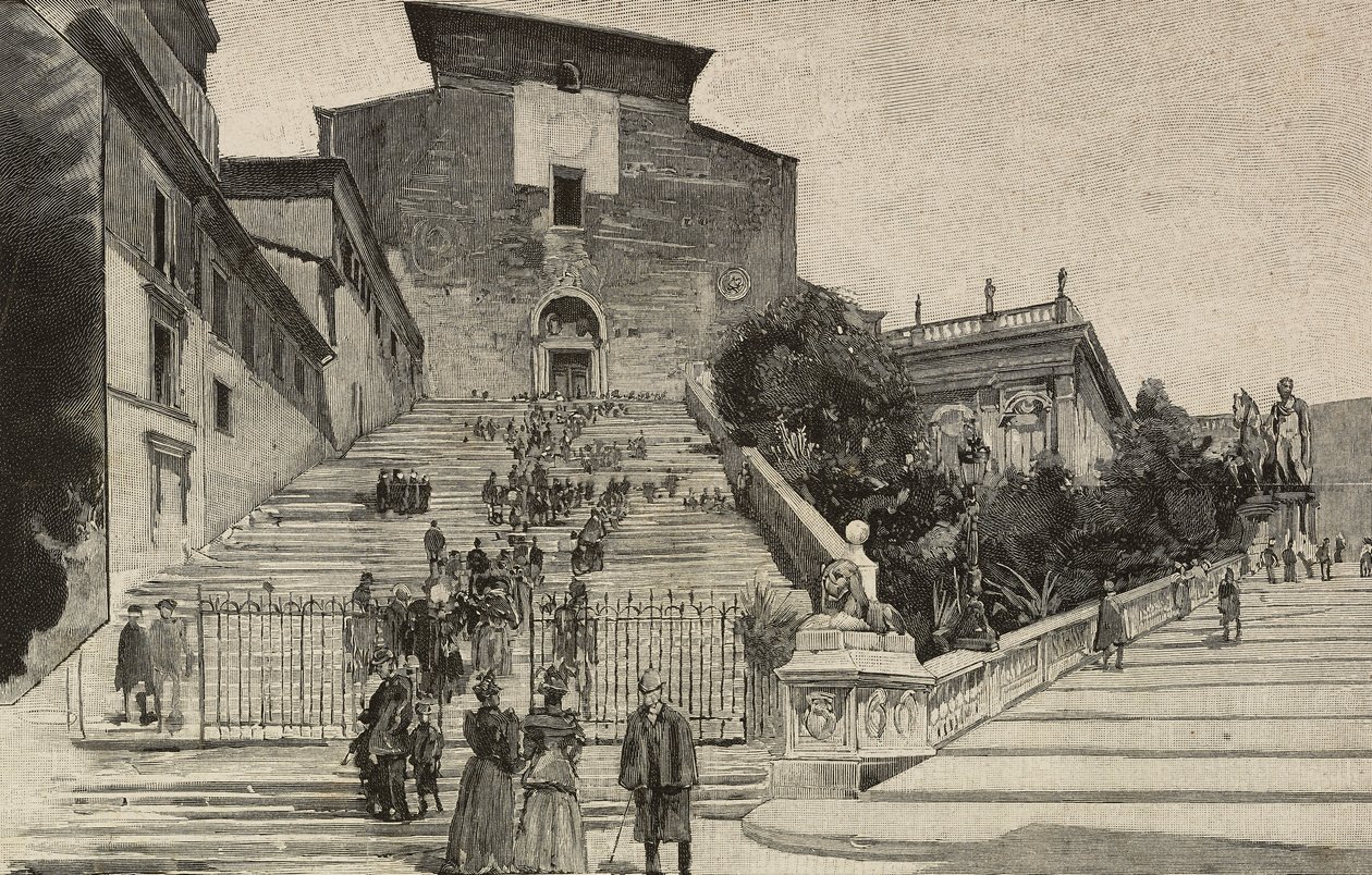 Udsigt over basilikaen Santa Maria i Aracoeli, Rom, Italien, gravering efter tegning af Dante Paolocci, fra L