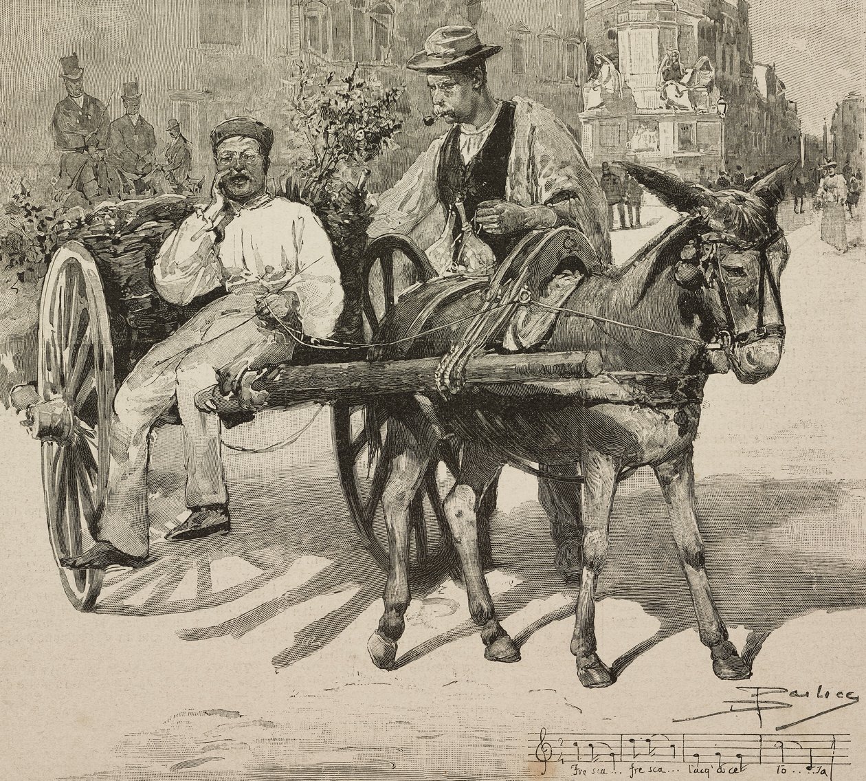 Vandsælger (acquarolo), der sælger vand fra Acetosa-fontænen i gaderne i Rom, Italien, gravering efter tegning af Dante Paolocci, fra L