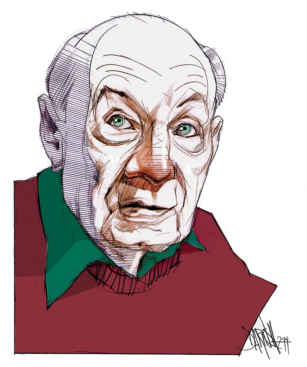 Gustave Thibon, 2014 (digital farveblyantstegning) af Dariush Radpour