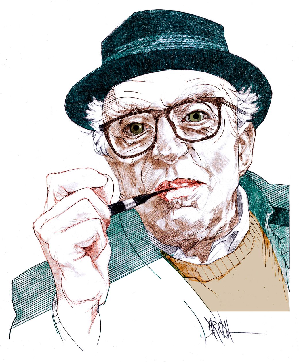 Luigi Malerba, 2020 (digital farveblyantstegning) af Dariush Radpour