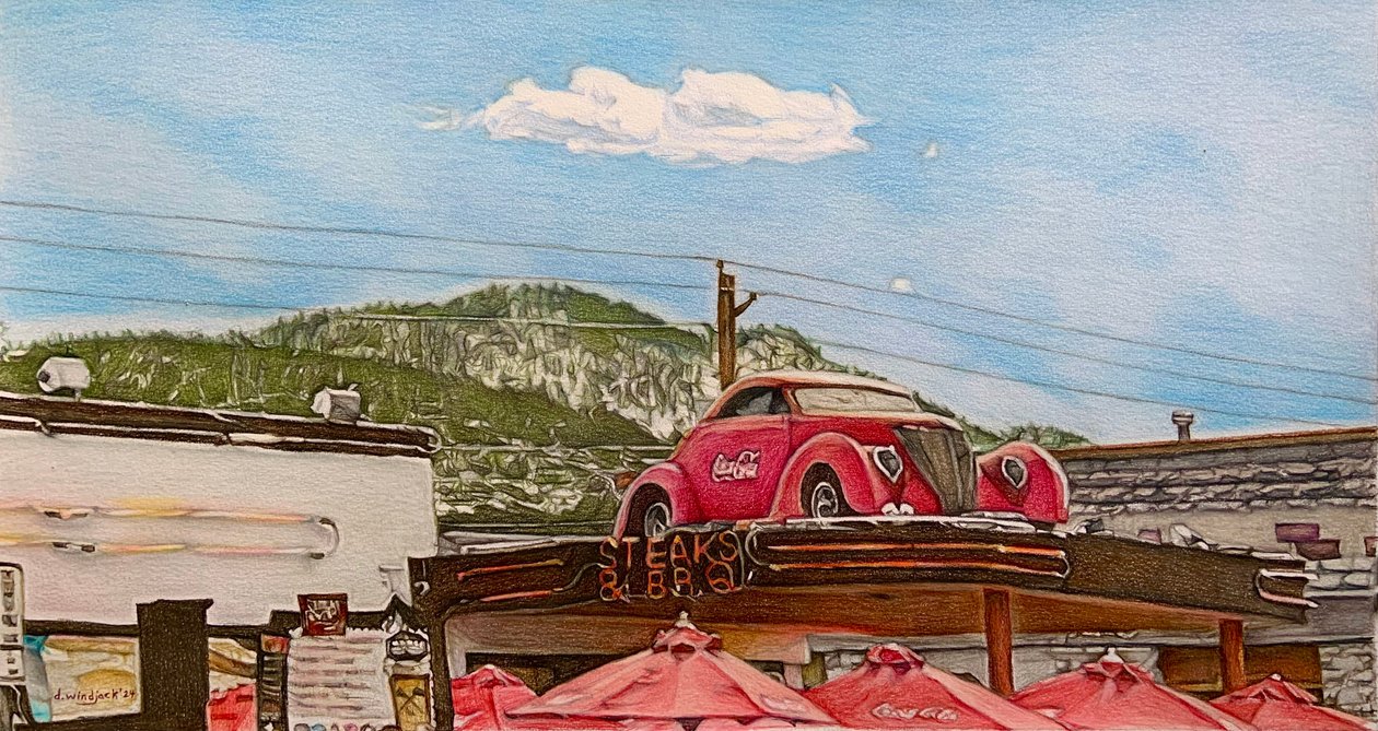Pitstop på Route 66, 2024 (blyant på papir) af Darrell Windjack
