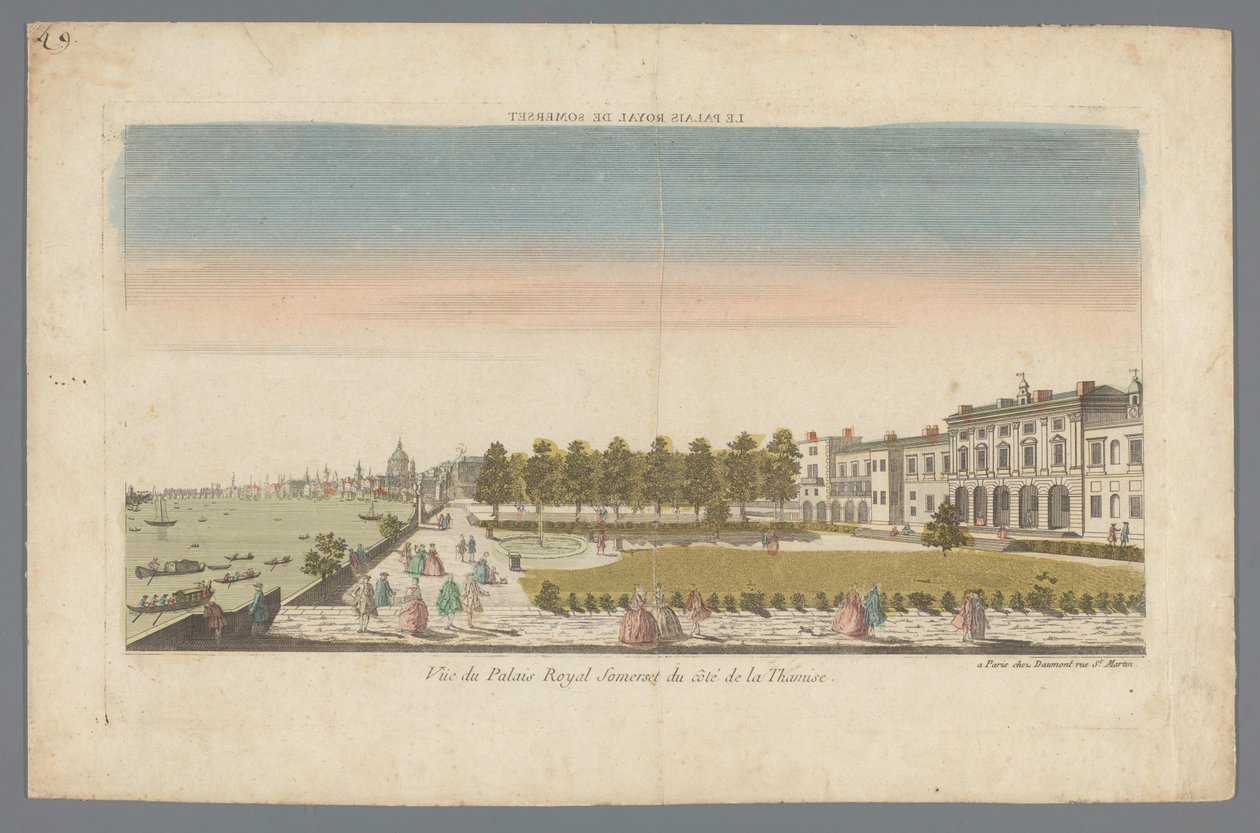 Udsigt over Somerset House fra Themsens bred med London i baggrunden Le Palais Royal de Somerset / Vue du Palais Royal Somerset du côté de la Thamise (titel på objektet) af Daumont
