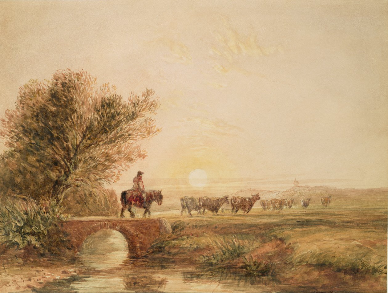 En monteret fører med kvæg krydser en bro ved solnedgang (blyant og wc på papir) af David Cox