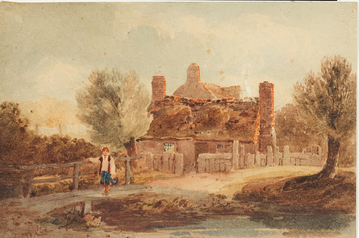 Landscene - hus ved en dam af David Cox