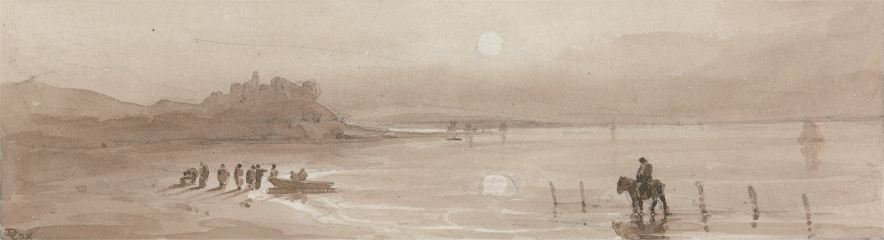 Seacoast, Sunset med Harlech Castle af David Cox