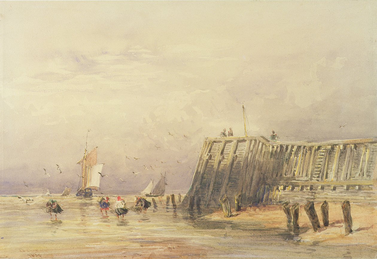 Havlandskab med sejlpramme og figurer, der vader off-shore, 1832 af David Cox