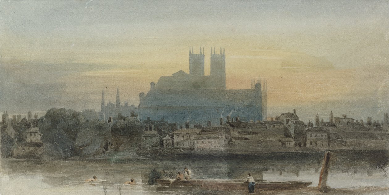 Westminster fra Lambeth, ca. 1813 (wc over grafit med ridser ud på papir) af David Cox