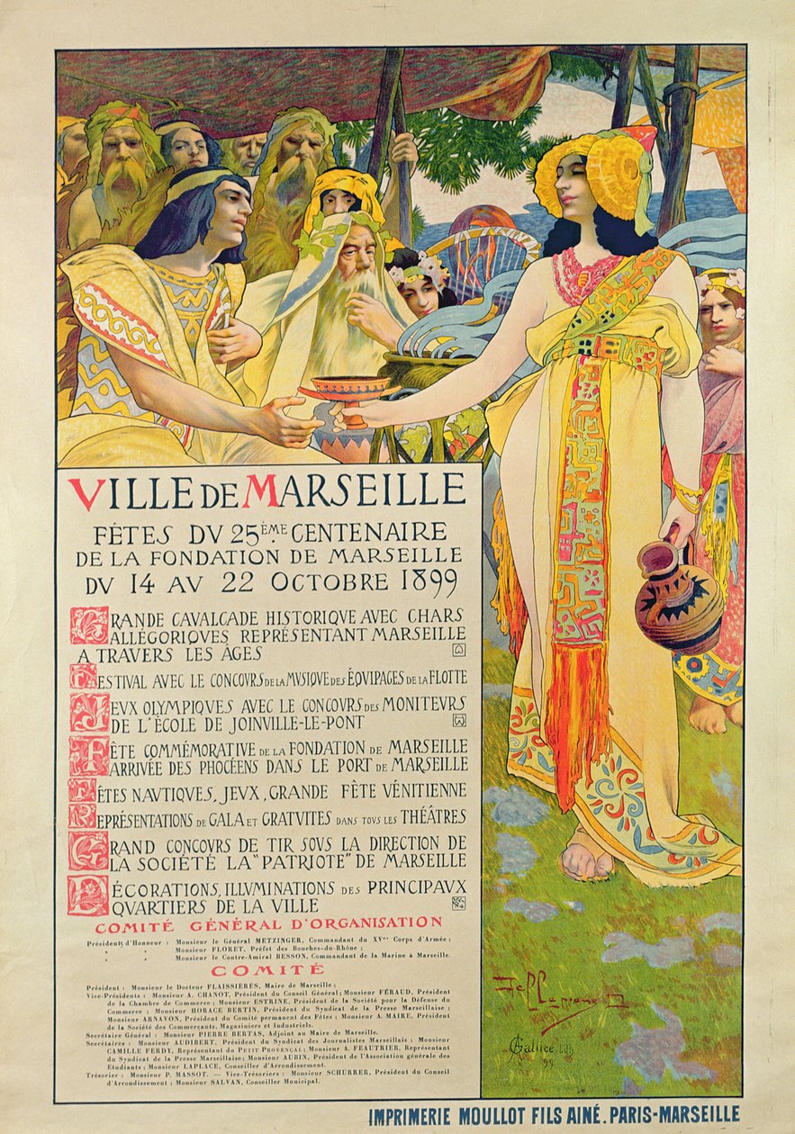 Plakat skabt til minde om grundlæggelsen af Marseille, indgraveret af A. Gallice, 1899 af David Dellepiane