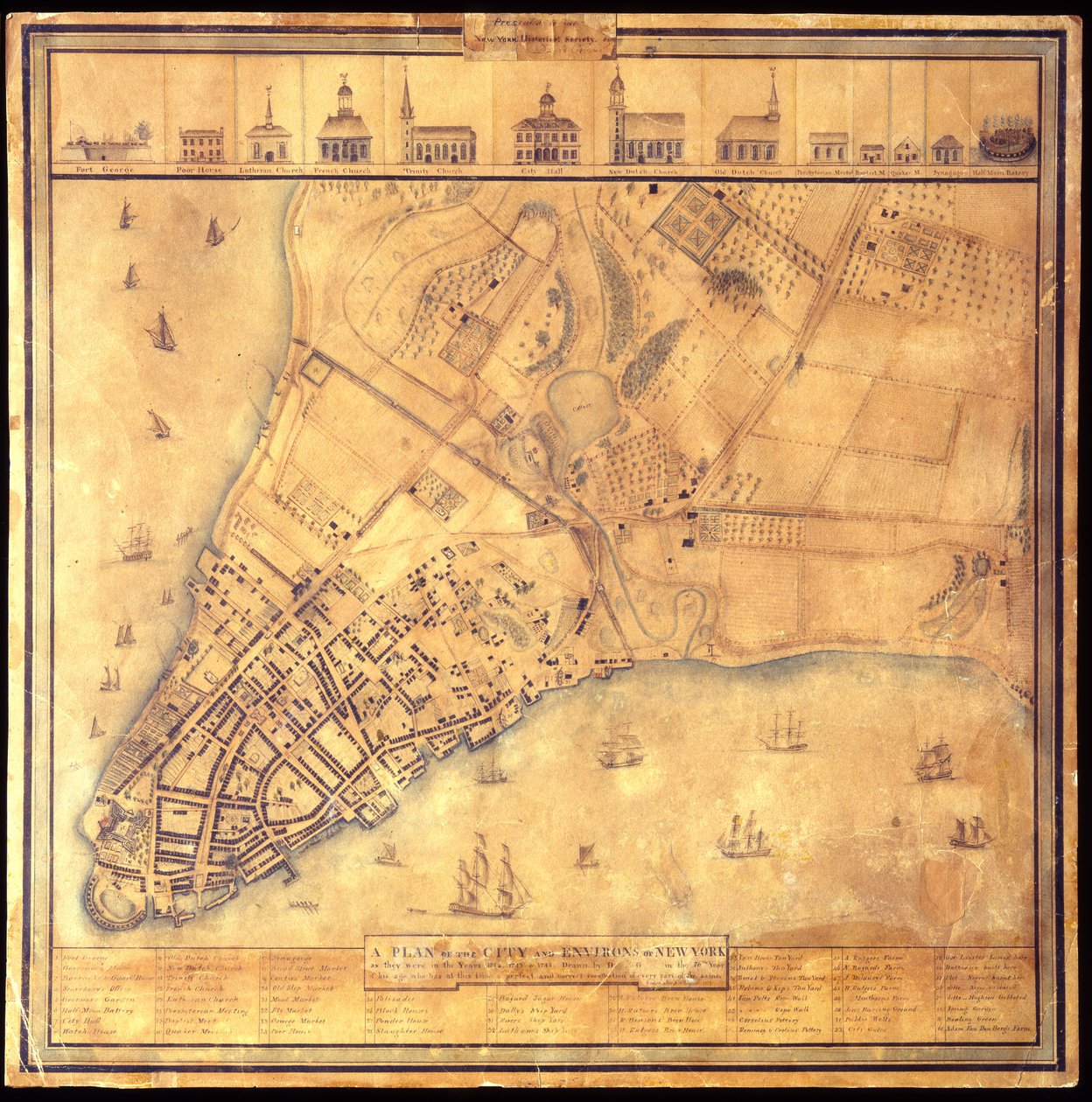 Plan over New Yorks by og omgivelser, som de var i 1742-1744, 1813 Pen-og-blæk sort og farve, akvarel, blyant på papir. af David Grim