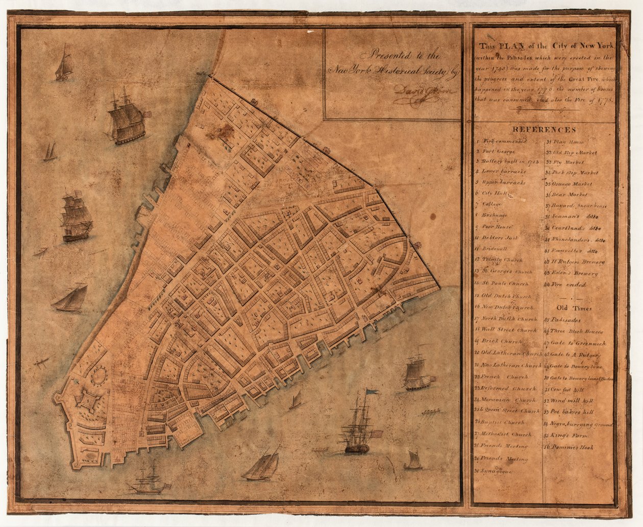 Denne plan for byen New York (inden for palisaderne, som blev opført i år 1745) blev lavet med det formål at vise fremskridtet og omfanget af den store brand, som skete i året af David Grim
