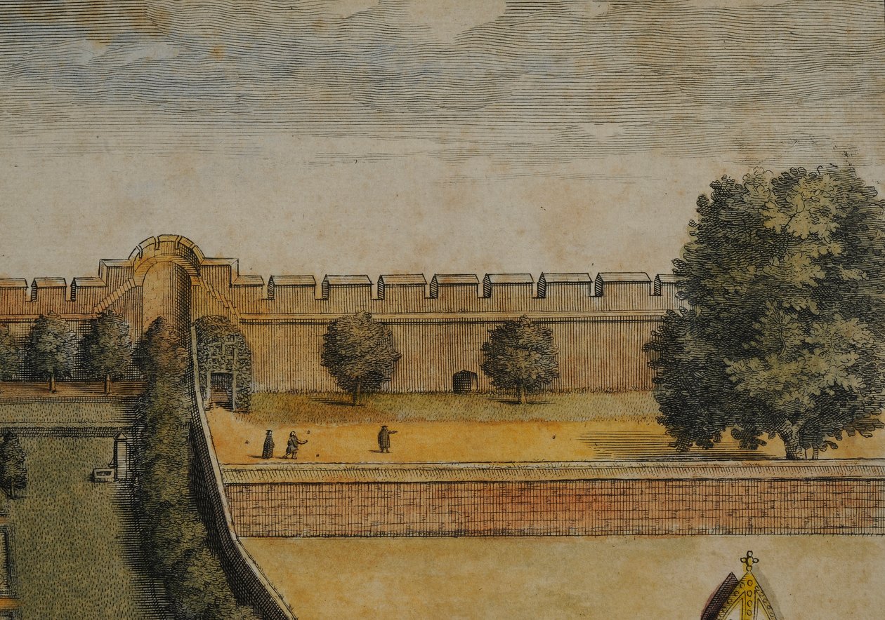 Collegium Novum (detalje) (håndfarvet gravering) af David Loggan