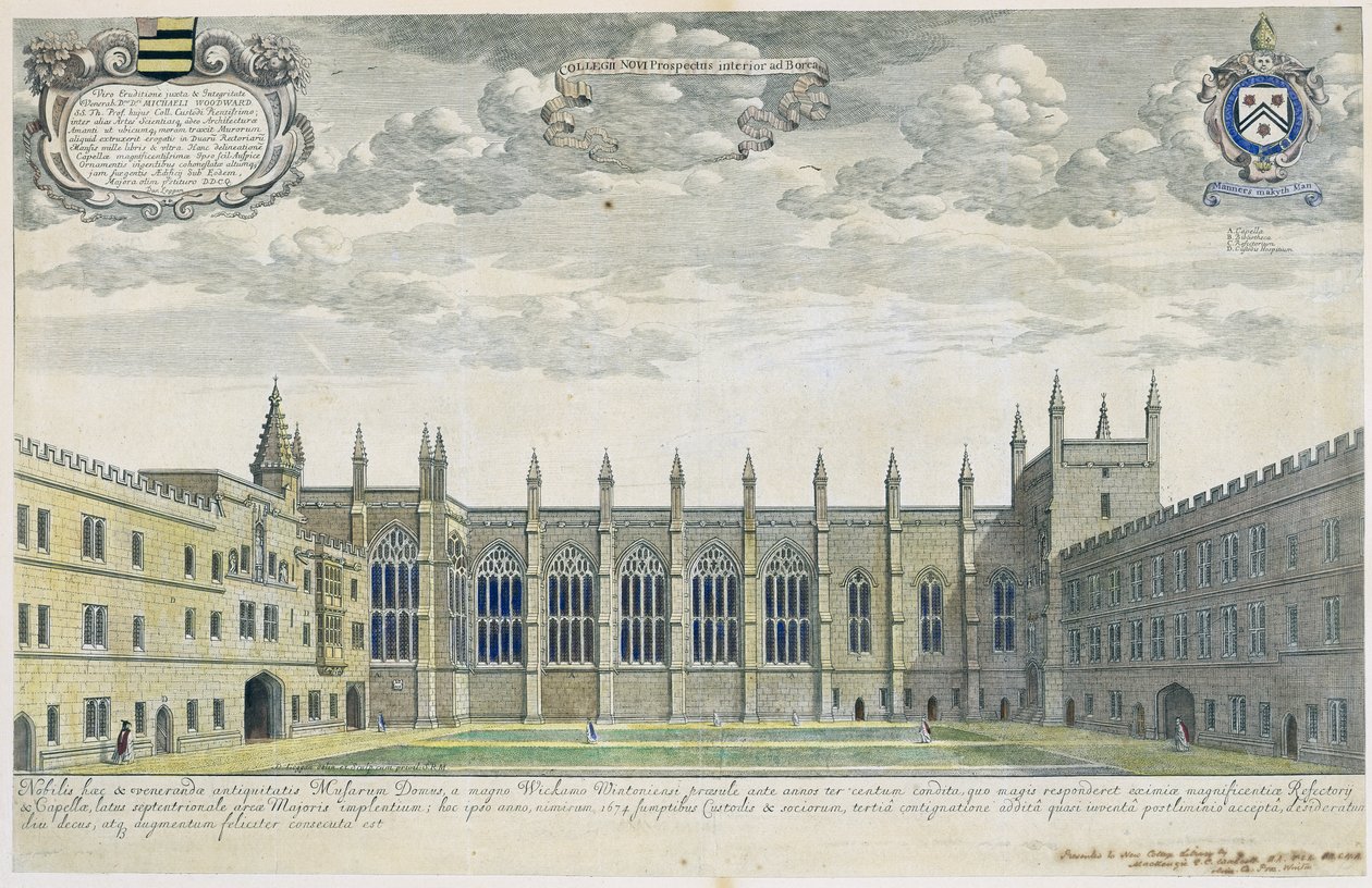Collegium Novum: forhøjet udsigt over New College Front Quad fra syd, 1675 (gravering med senere håndkolorering) af David Loggan