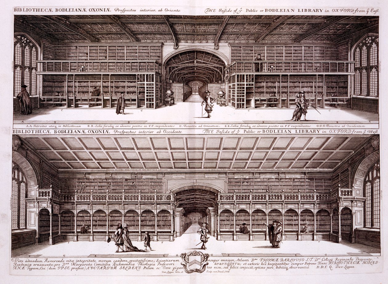 Interiør i Bodeleian Library, Oxford, fra Oxonia Illustrata, 1675 af David Loggan