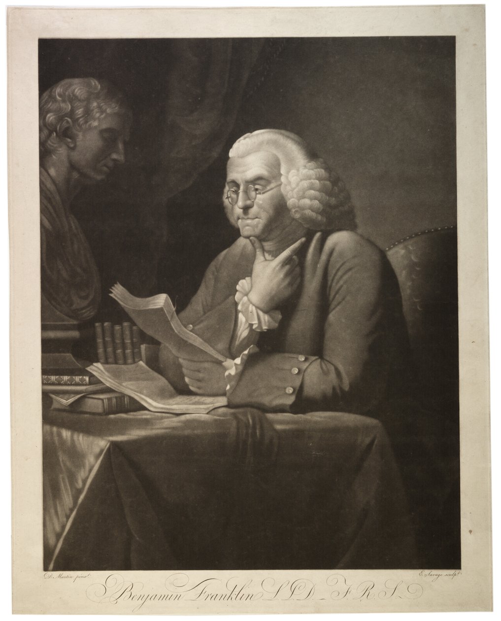 Benjamin Franklin L.L.D. - F.R.S., graveret af Edward Savage (1761-1817), ca. 1800 (mezzotint) af David Martin