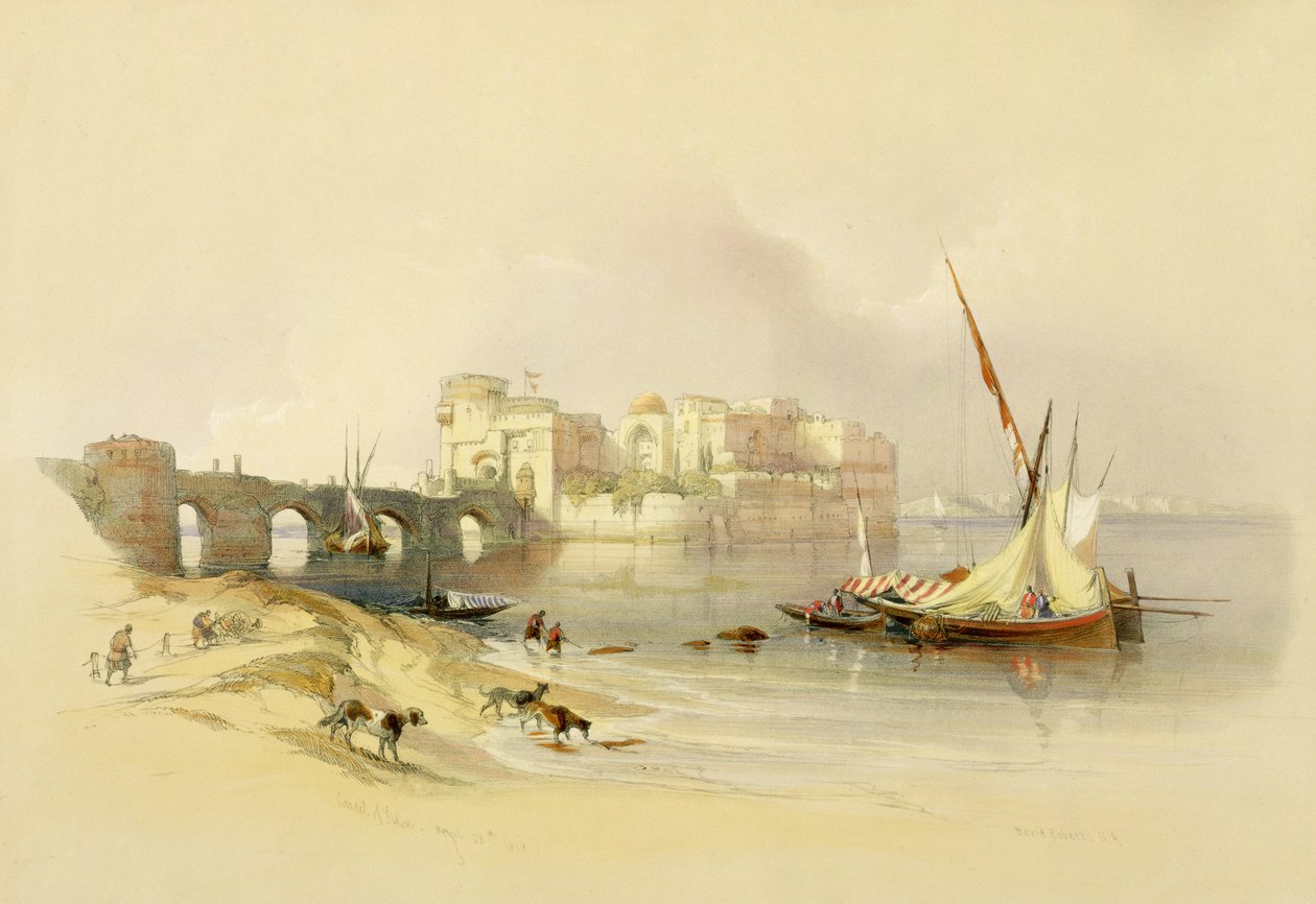 Sidons citadel, 28. april 1839, plade 76 fra bind II af "The Holy Land", graveret af Louis Haghe (1806-85), udg. 1843 af David Roberts