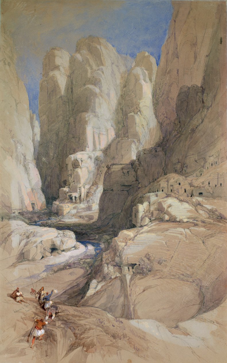 Indgang til Petra, Jordan, 1839 (wc forhøjet med hvidt på lysegråt papir) af David Roberts