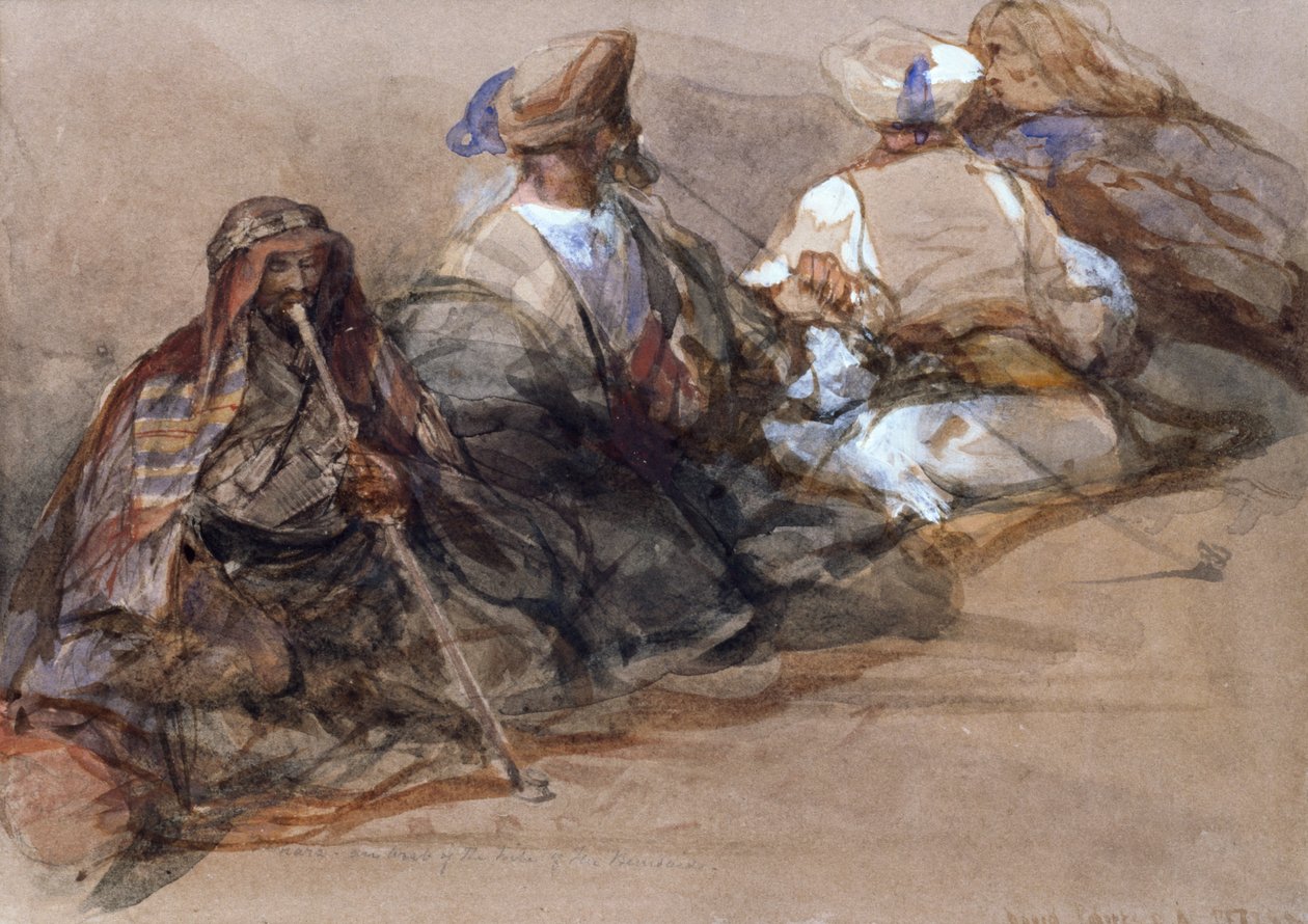 Gruppe af arabiske figurer, to ryger en kubuk af David Roberts