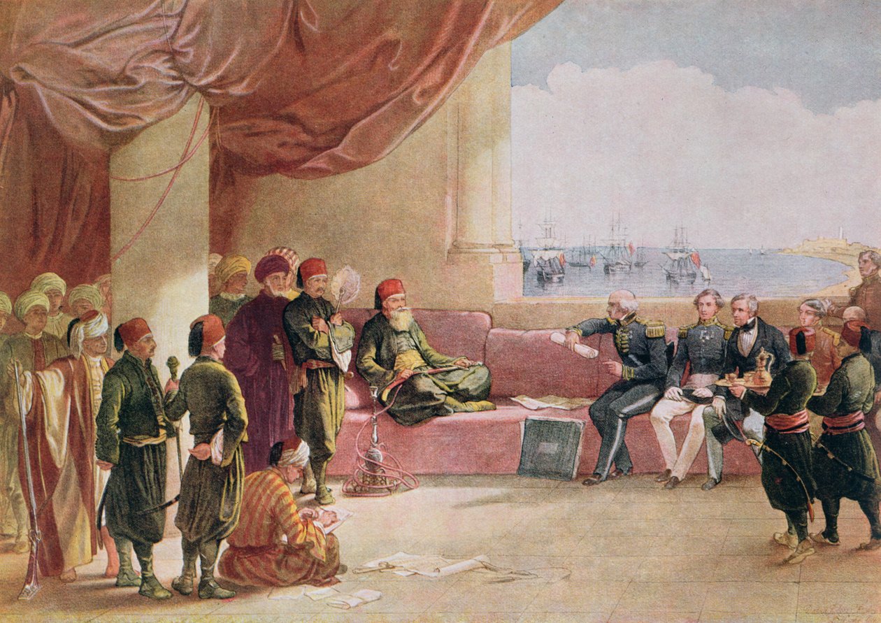 Mohamed Ali modtager udsendinge fra Storbritannien i sit palads i Alexandria den 12. maj 1839, 1849 af David Roberts