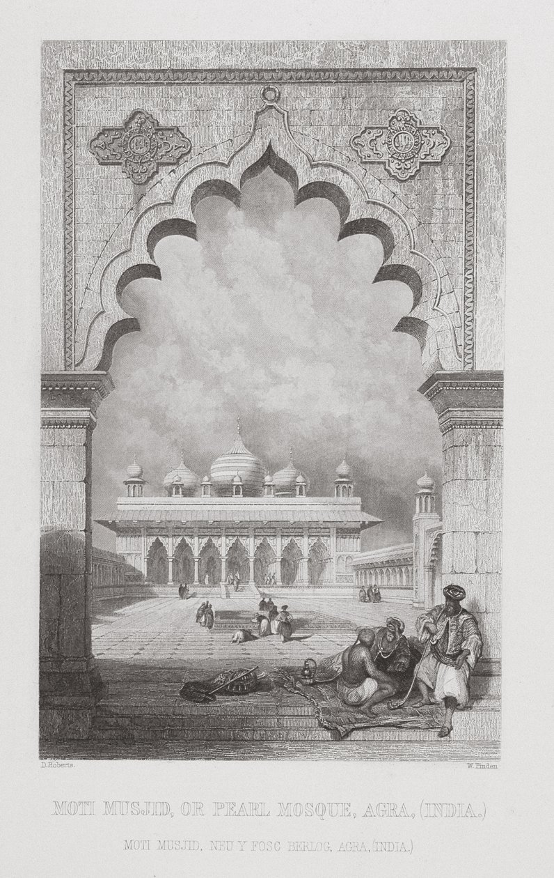 Moti Musjid, eller Perlemoskeen, Agra, Indien, graveret af W. Finden, fra "World Religion", udgivet af A. Fullarton und Co. af David Roberts