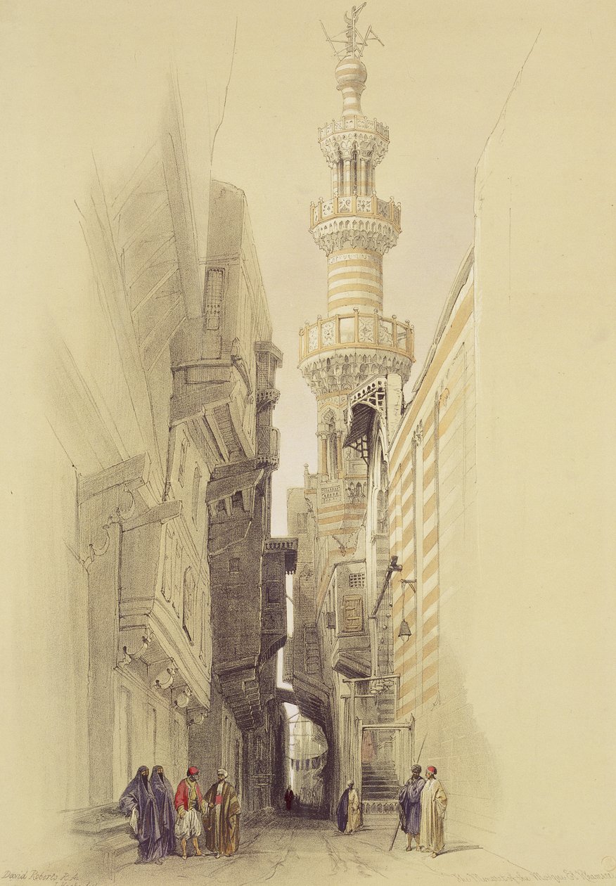 Minareten i moskeen El Rhamree, Kairo, fra Egypten og Nubien, Vol.3 af David Roberts