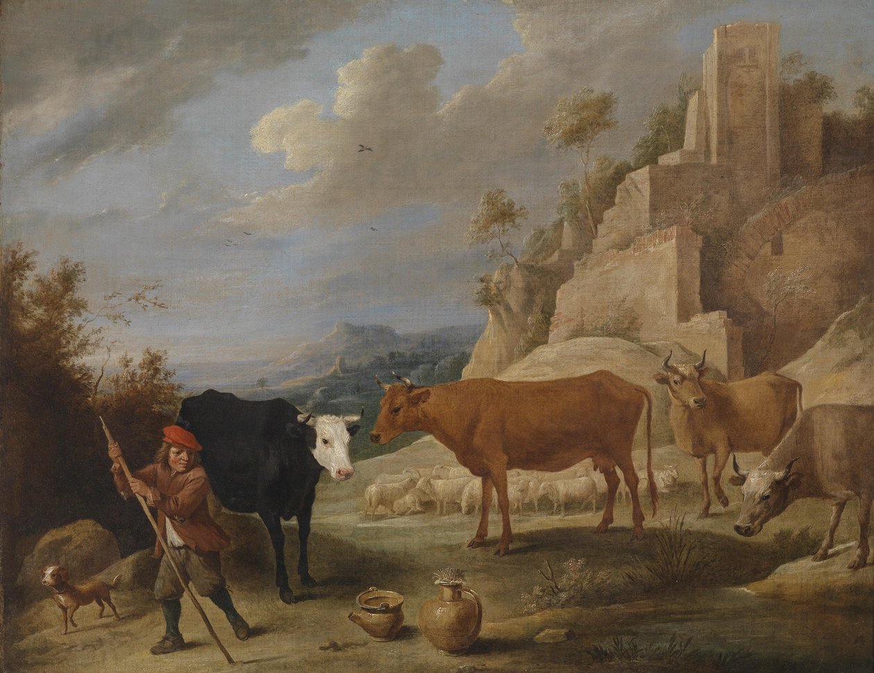 En hyrde med sin flok i et landskab af ruiner af David Teniers the Younger